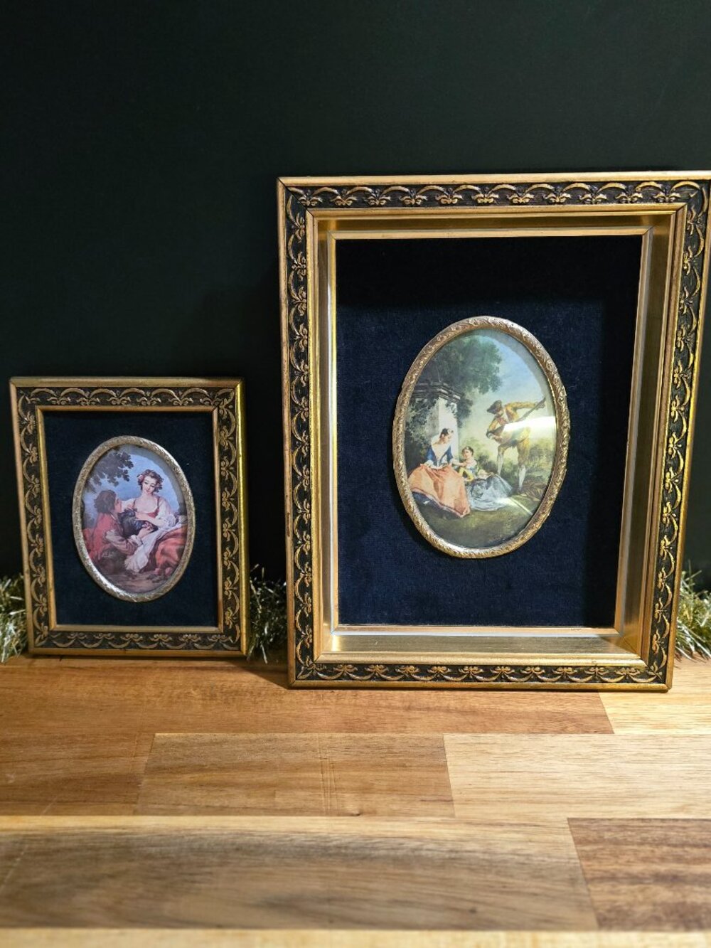 Vintage Gilded Gold Frames duo with Black Velvet Rococo Art